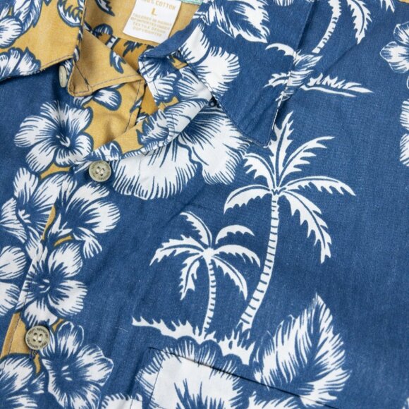 Reyn Spooner Floral Hawaiian Shirt Men's Large Blue Yellow Palm Tree Aloha - Picture 5 of 11